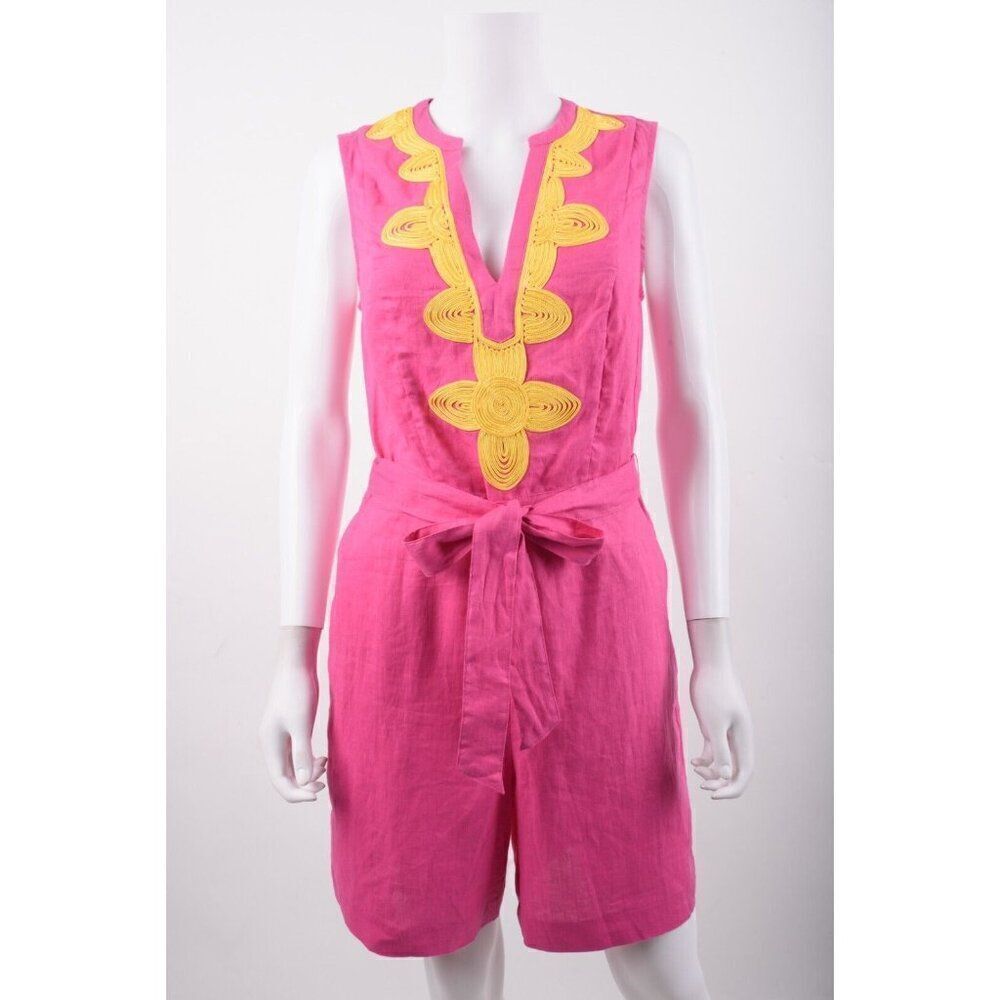 Boden Womans Bella Romper Embroidered UK 8T US 4T Tall Pink Linen